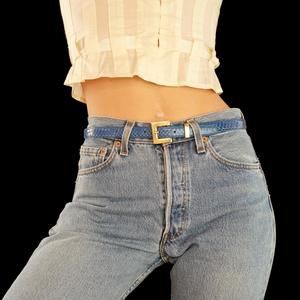 Vintage 90s blue genuine snakeskin skinny belt